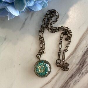 Handmade Dried Flowers in Resin Bronze Tone Necklace